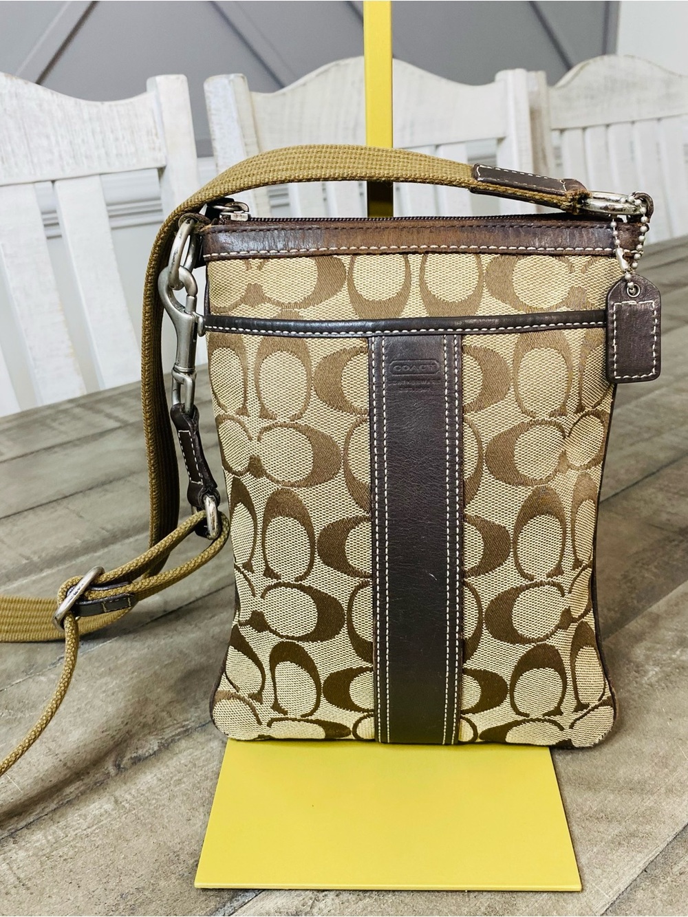 Vintage Coach Signature Stripe Swingpack Crossbody Bag Brown Jacquard Y2K